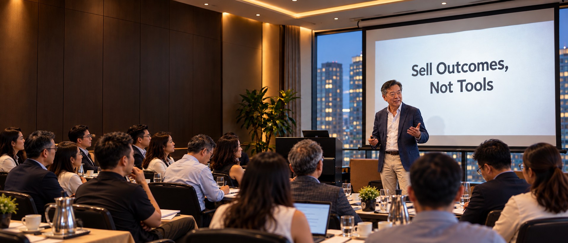 Experienced professional presenting Sell Outcomes, Not Tools to a group in Singapore