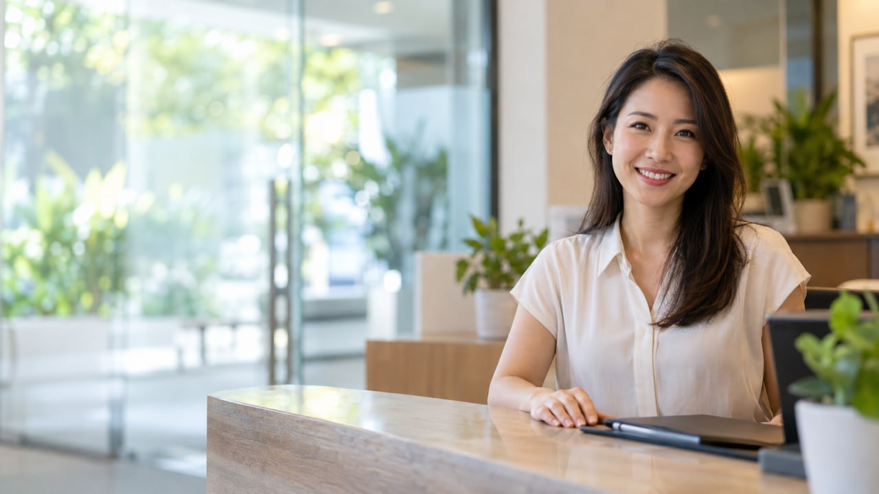 Approachable professional welcoming visitors in a bright office workspace