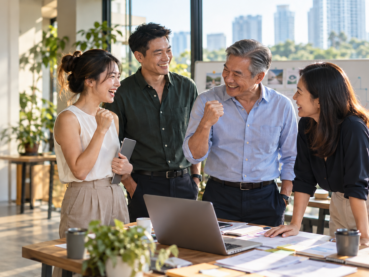 Professionals celebrating a shared breakthrough together