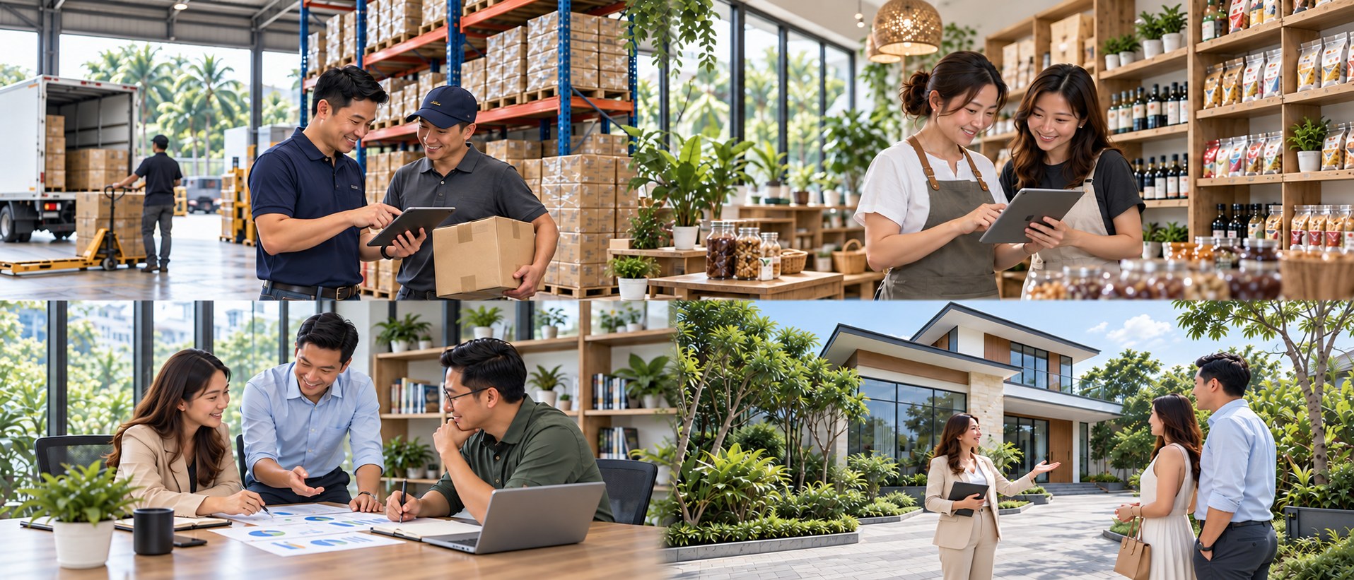 Collage showing distribution, retail, office collaboration and property professionals in different business settings